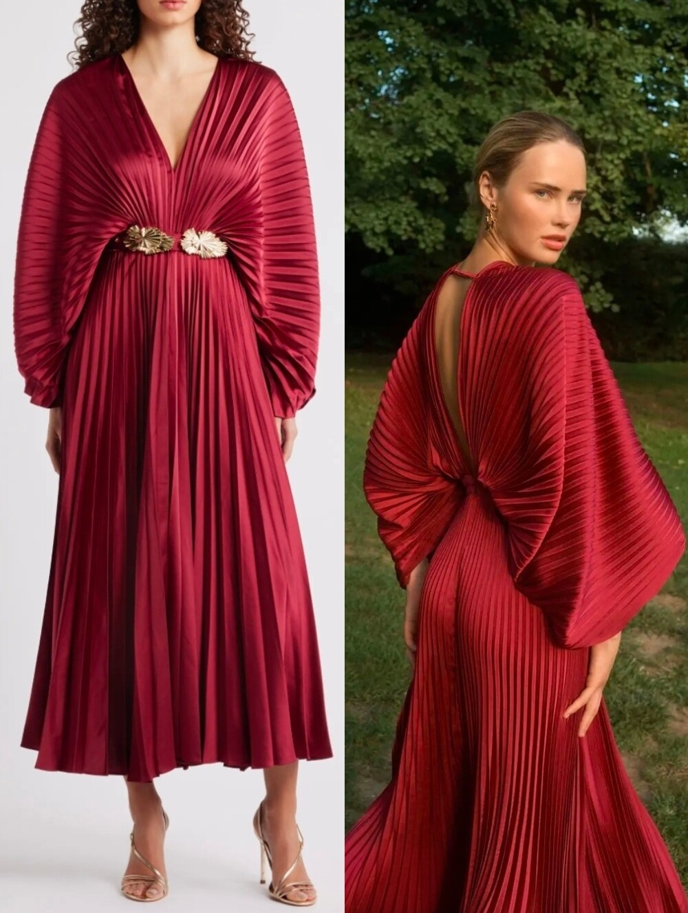 ACLER Red Pleated Wonastow Long Sleeve Draped Open Back Evening Maxi Dress